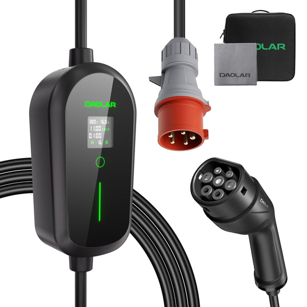 Daolar Mobile Wallbox 11KW, cable de carga trifásico tipo 2 con enchufe CEE, temporizador de 12 h y estaciones de carga EV con corriente ajustable de 6 a 16 A