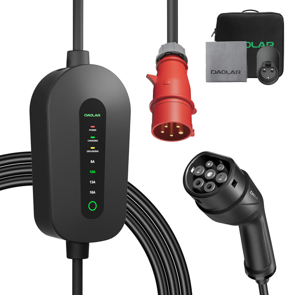 Cargador de pared móvil Daolar de 11 kW [3-Phase 6-16A] Cable de carga tipo 2 CEE 16A a tipo 2 con potencia de carga ajustable para coche eléctrico