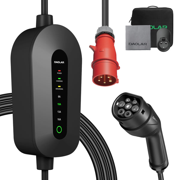 Cargador de pared móvil Daolar de 11 kW [3-Phase 6-16A] Cable de carga tipo 2 CEE 16A a tipo 2 con potencia de carga ajustable para coche eléctrico