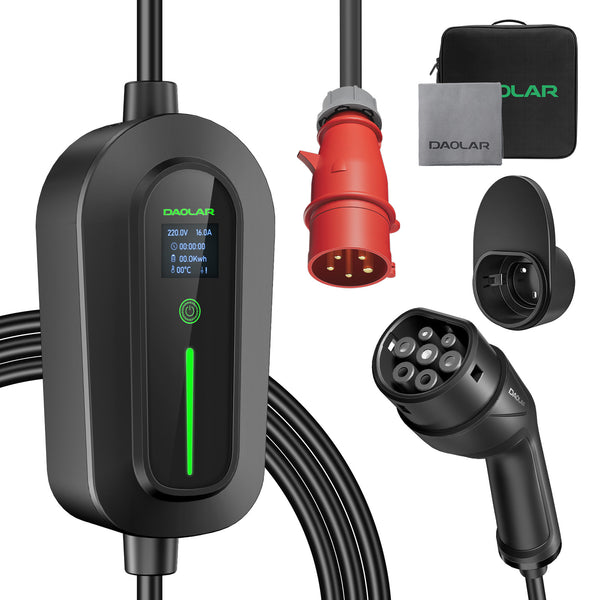 Estación de carga móvil Daolar de 11 kW, trifásica, 6-16 A, cargador para vehículos eléctricos con potencia de carga ajustable y cable de carga tipo 2 con enchufe CEE.