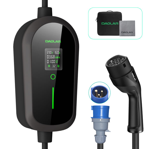 Cable de carga Daolar tipo 2 con enchufe CEE de 7,4 kW [monofásico | 5 m | 6-32 A] con potencia de carga ajustable, cargador para vehículos eléctricos y estación de carga móvil/caja de pared para ID.3, ID.4, ID.5, Model Y/3, e-up, e-tron, Zoe