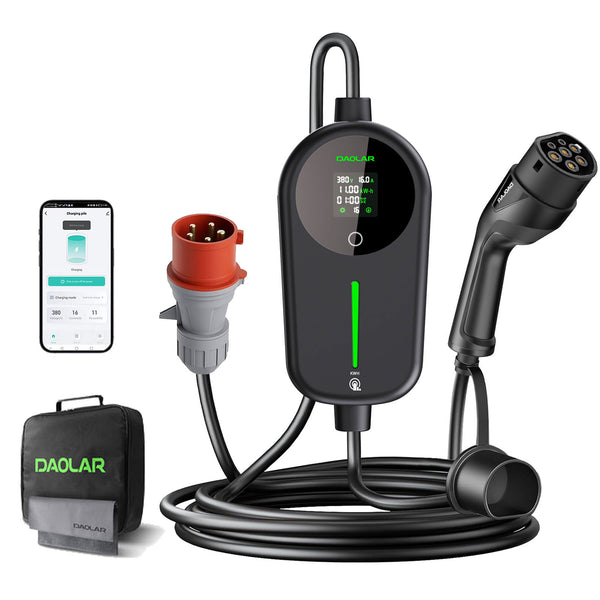 [Buque insignia] Daolar Mobile Wallbox de 11 kW con medidor de electricidad, cable de carga trifásico tipo 2 de 6-16 A con carga ajustable en kWh, estación de carga impermeable IP65