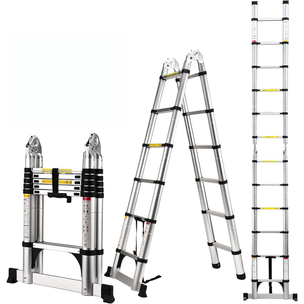 Daolar A-Rahmen-Teleskopleiter aus Aluminium mit Ausgleichsstange und beweglichem Rad, Hochleistungsleiter mit einer Tragkraft von 150 kg für den Haushalt und den Außenbereich