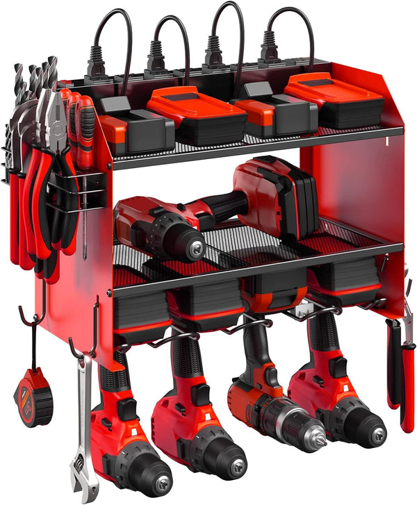 Daolar Modular Power Tool Organizer Držák na stěnu s nabíjecí stanicí. Úložná police pro 4 vrtáky v garáži s háky, šroubovák, držák na vrtáky pro vysoké zatížení, držák baterie na nářadí Vestavěný napájecí pásek s 8 výstupy.